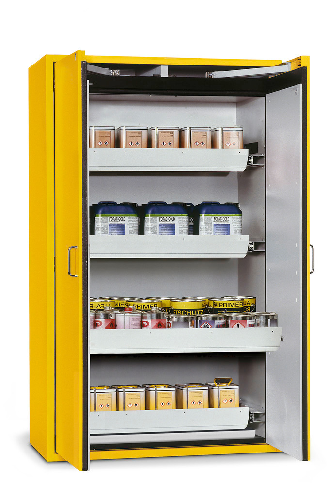 The number and size of the containers to be stored is important to know for hazardous materials storage With 4 slide-out sumps you'll have more choice of small container sizes