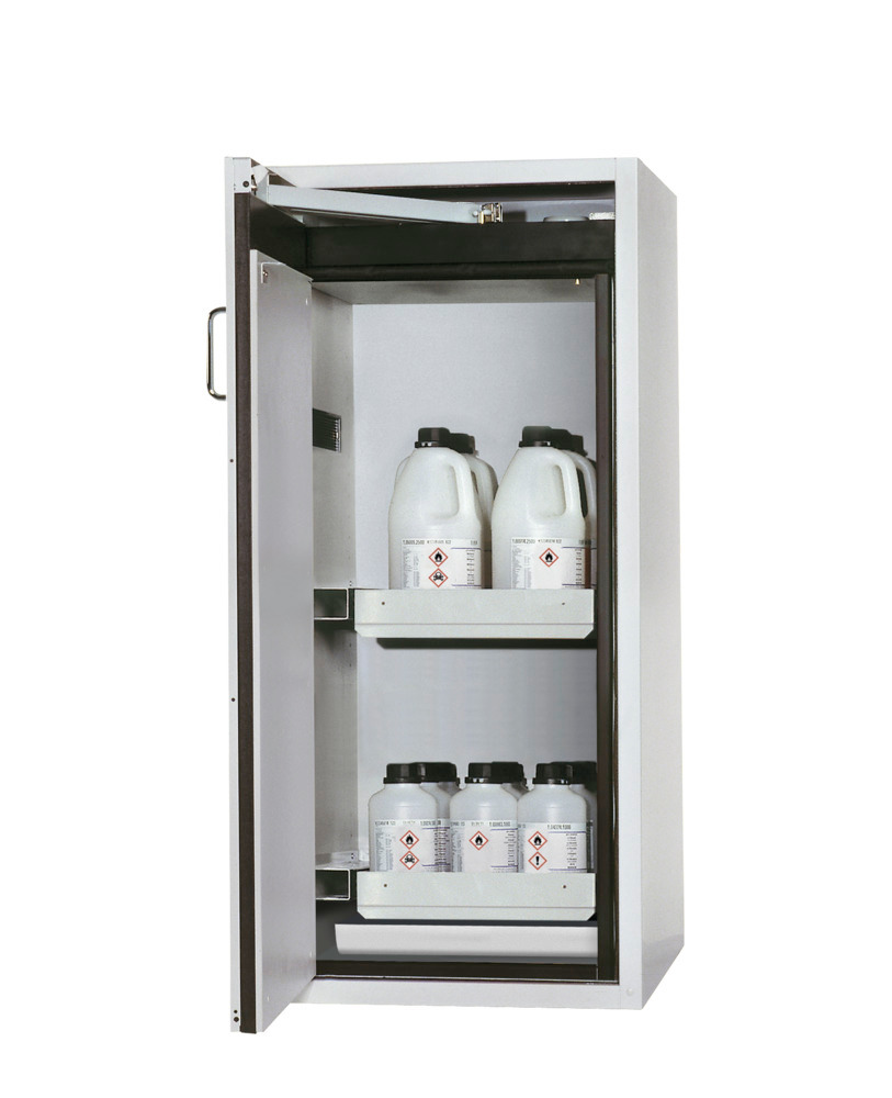 Compact and space saving hazardous materials cabinets such as this model G-600-2-F, with two slide out spill trays