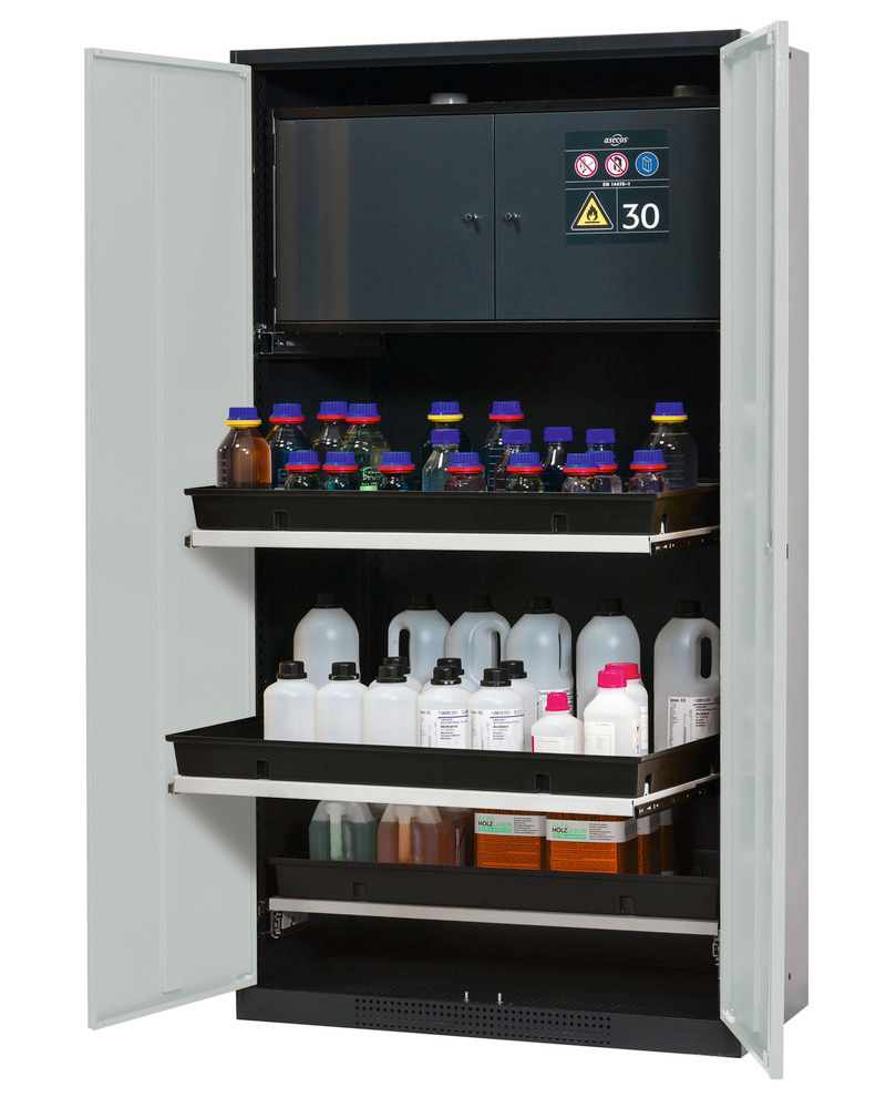 asecos chemicals cabinet Systema-Plus-T, anthracite, grey, safety box, pull-out shelves, Model CS-30