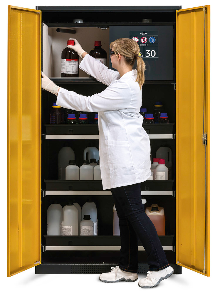 Skříň na chemikálie Systema-Plus CS-30-T s bezpečnostním boxem, 3 výsuvné vany, žlutá