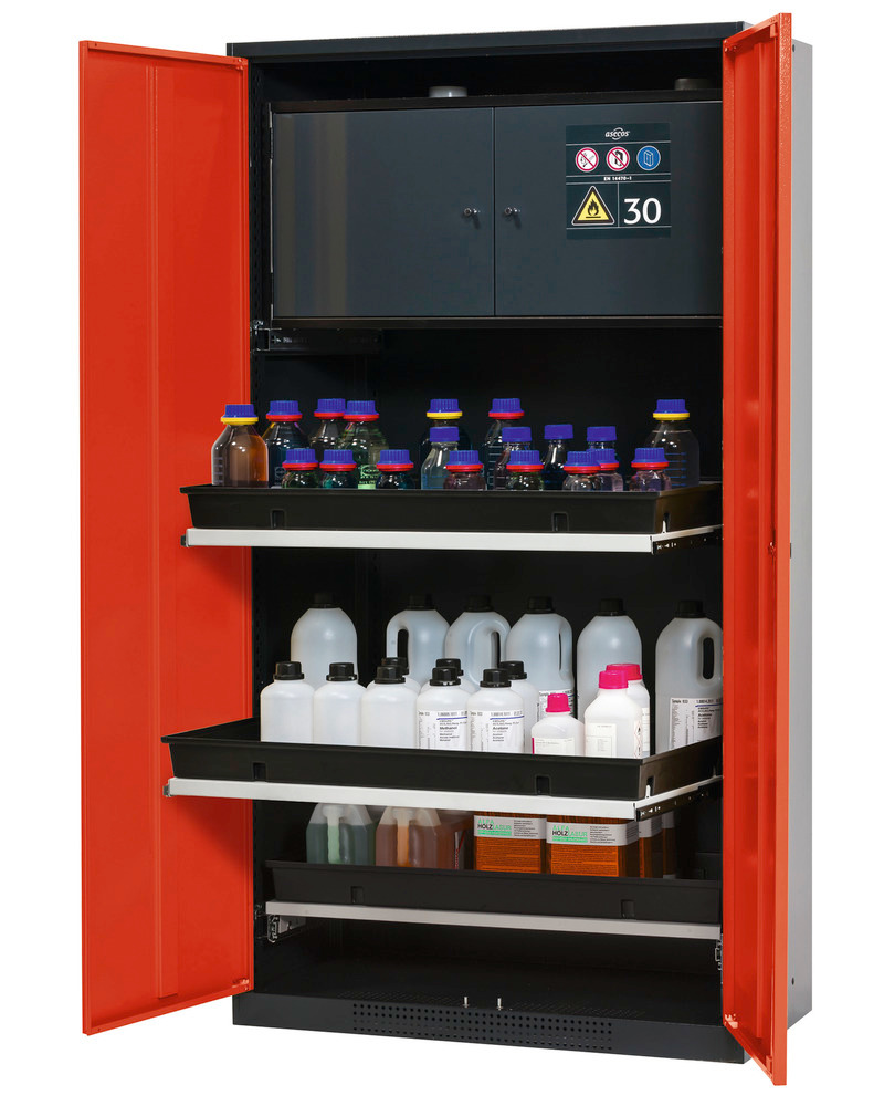 Kemikalieskåp asecos Systema-Plus-T, antracit/rött, säkerhetsbox och utdragshyllor, typ CS-30