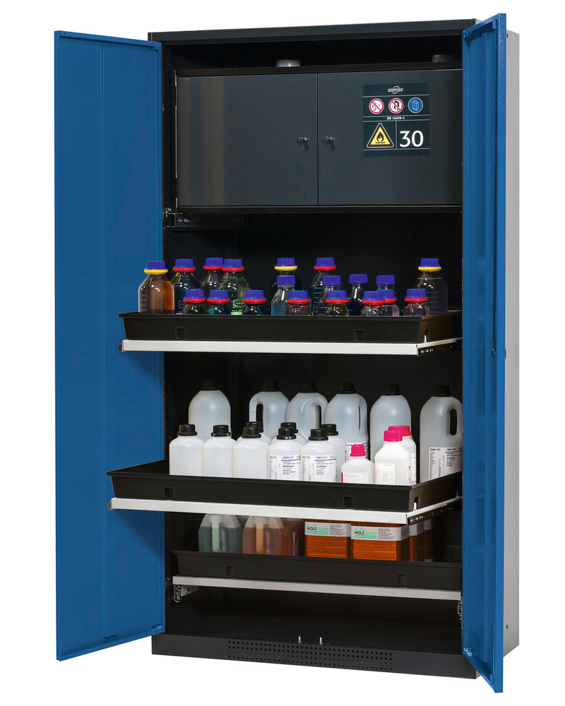 Kemikalieskåp asecos Systema-Plus-T, antracit/blått, säkerhetsbox och utdragshyllor, typ CS-30