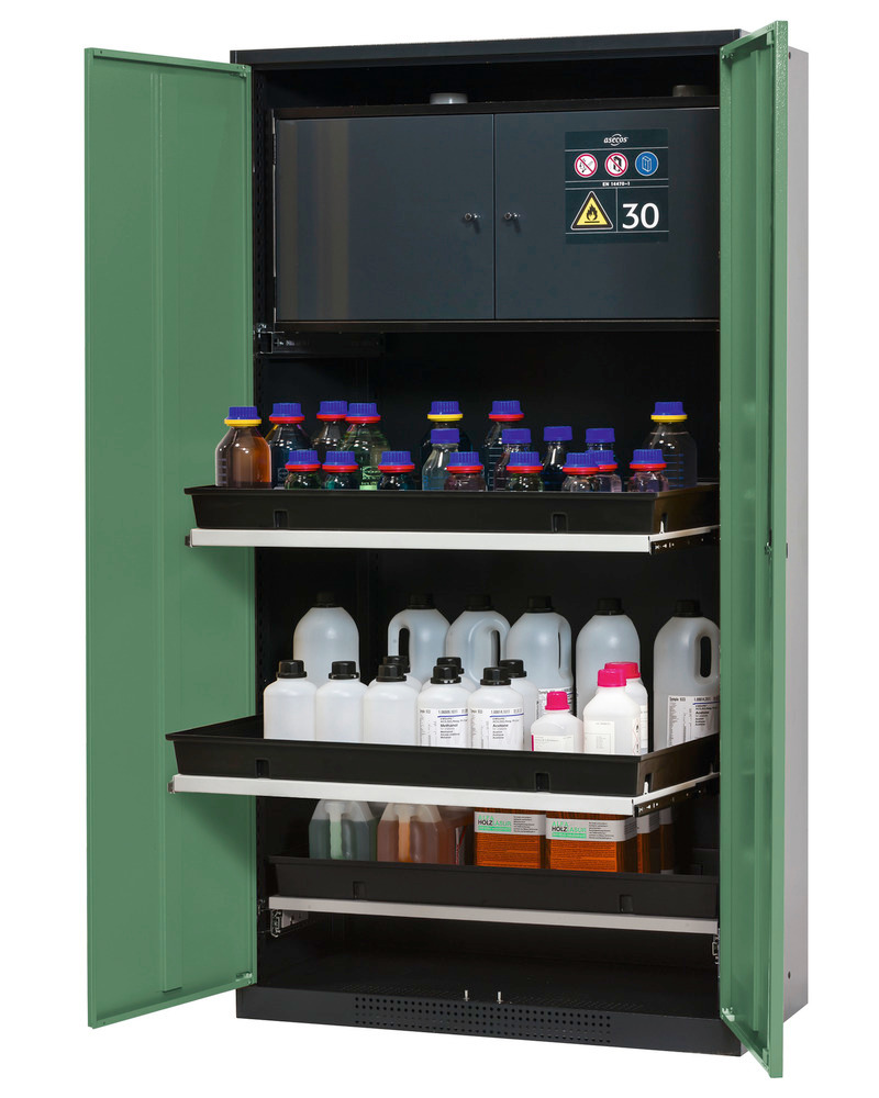 asecos chemicals cabinet Systema-Plus-T, anthracite, green, with safety box, pull-out shelves
