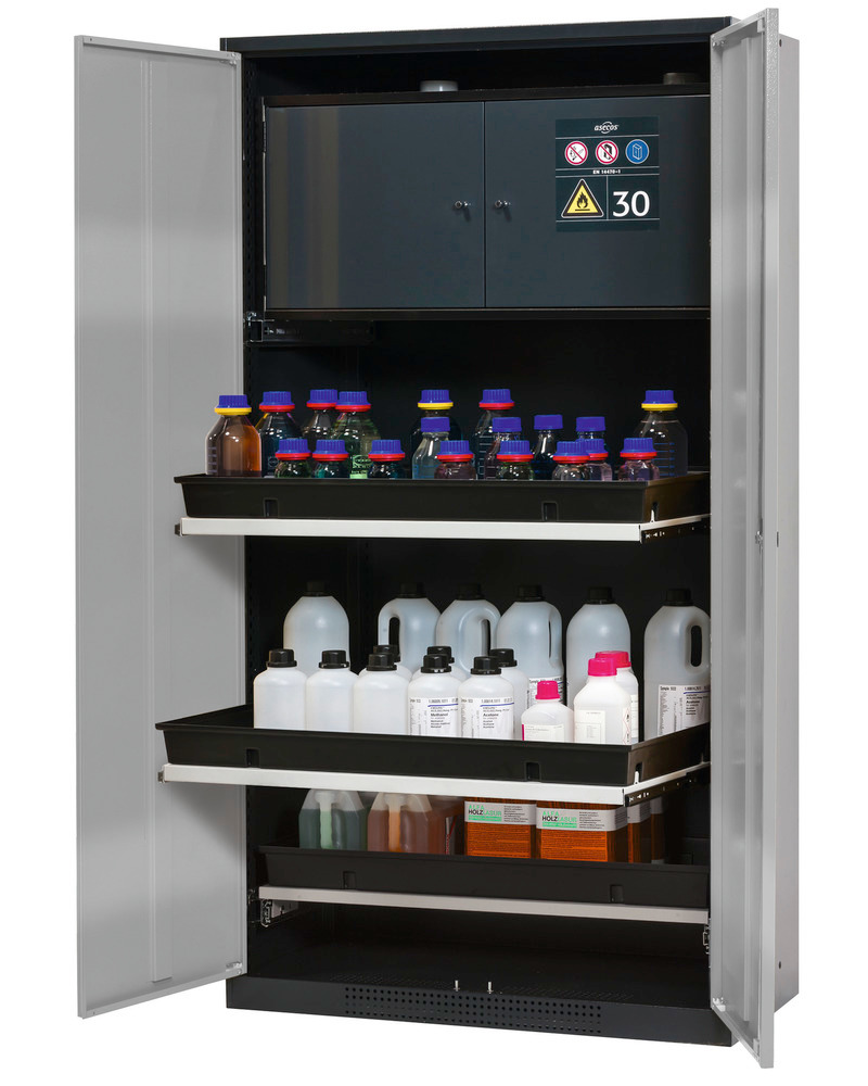 asecos chemicals cabinet Systema-Plus-T, anthracite, silv, safety box, pull-out shelves, Model CS-30