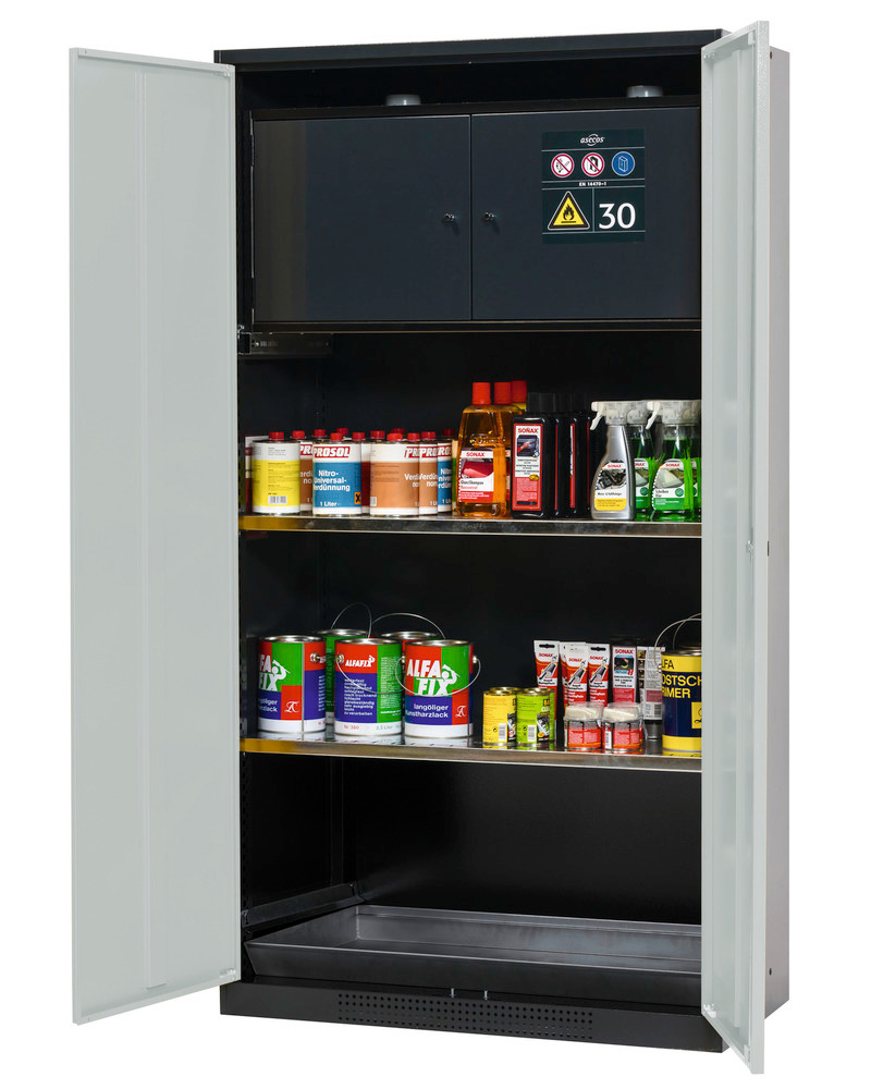 asecos chemicals cabinet Systema-Plus, anthracite, grey, safety box and shelves, Model CS-30