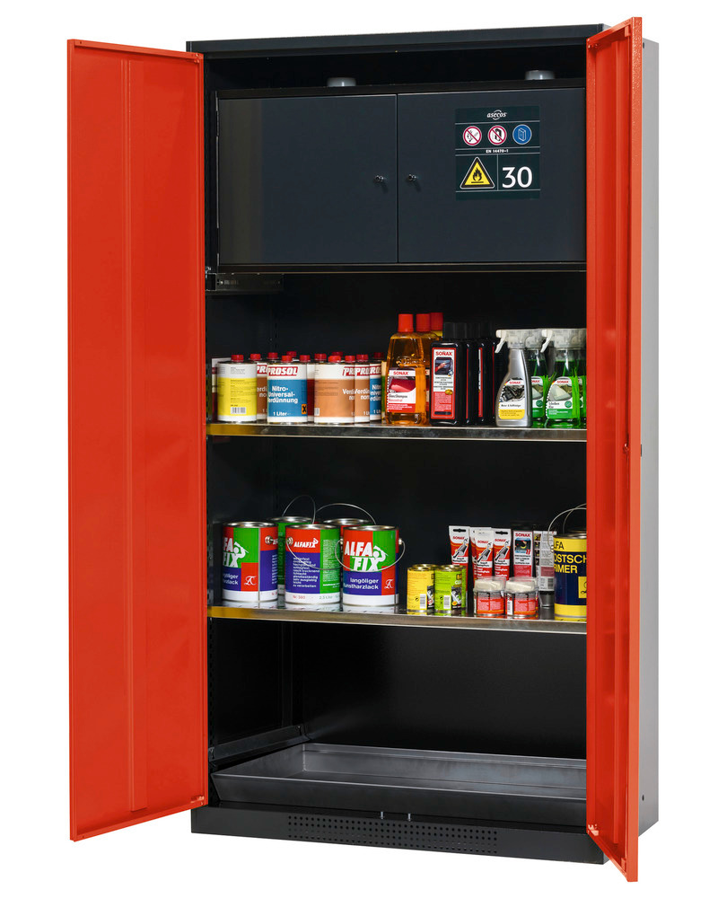 asecos chemicals cabinet Systema-Plus, anthracite, red, safety box and shelves, Model CS-30