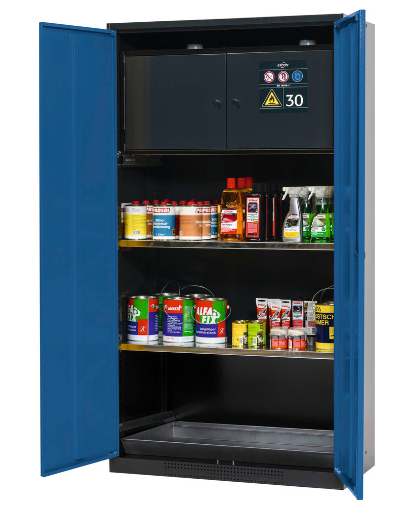 asecos chemicals cabinet Systema-Plus, anthracite, blue, safety box and shelves, Model CS-30