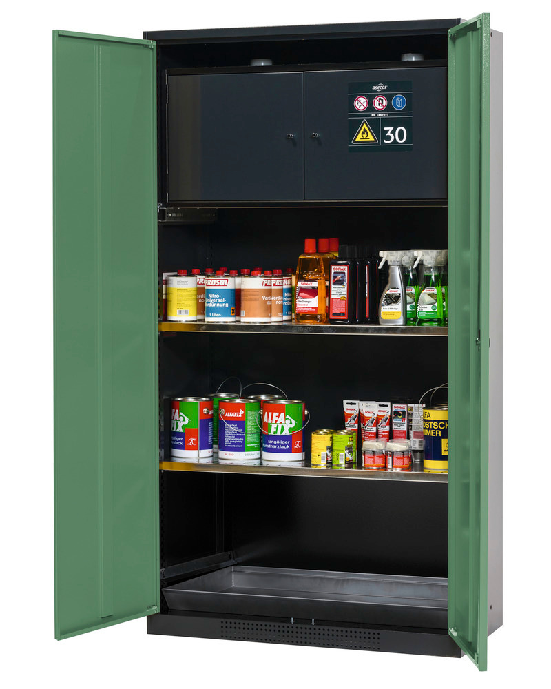 Armario químicos asecos Systema-Plus, antracite, verde, caixa segurança e estantes reguláveis, CS-30