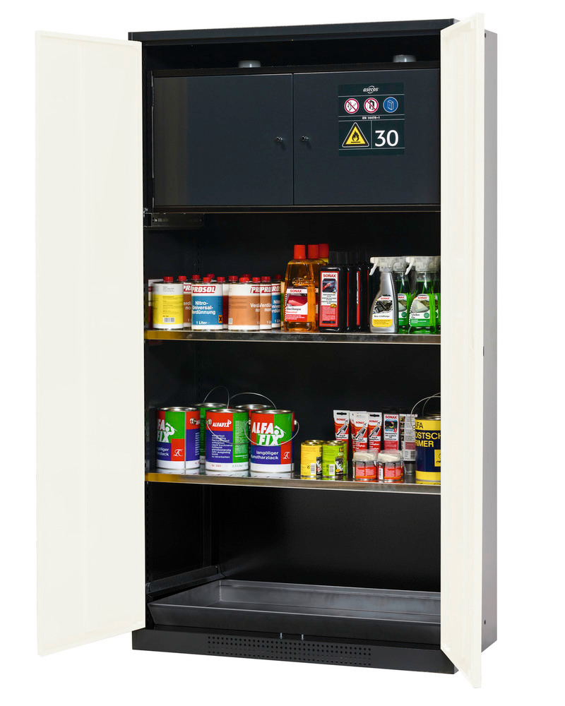 asecos chemicals cabinet Systema-Plus, anthracite, white, safety box and shelves, Model CS-30