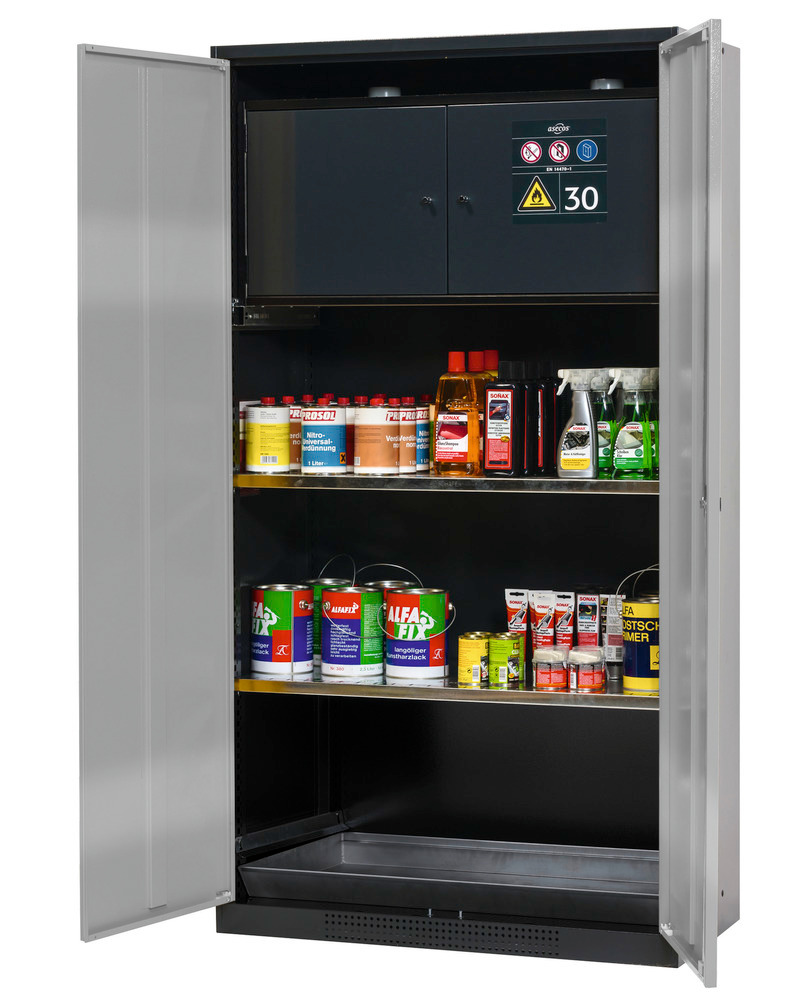 asecos chemicals cabinet Systema-Plus, anthracite, silver, safety box and shelves, Model CS-30