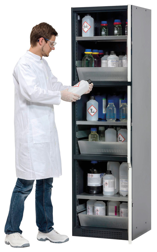 asecos combi cabinet Quadro, anthracite/white, 3 bays, each w. shelf and spill pallet