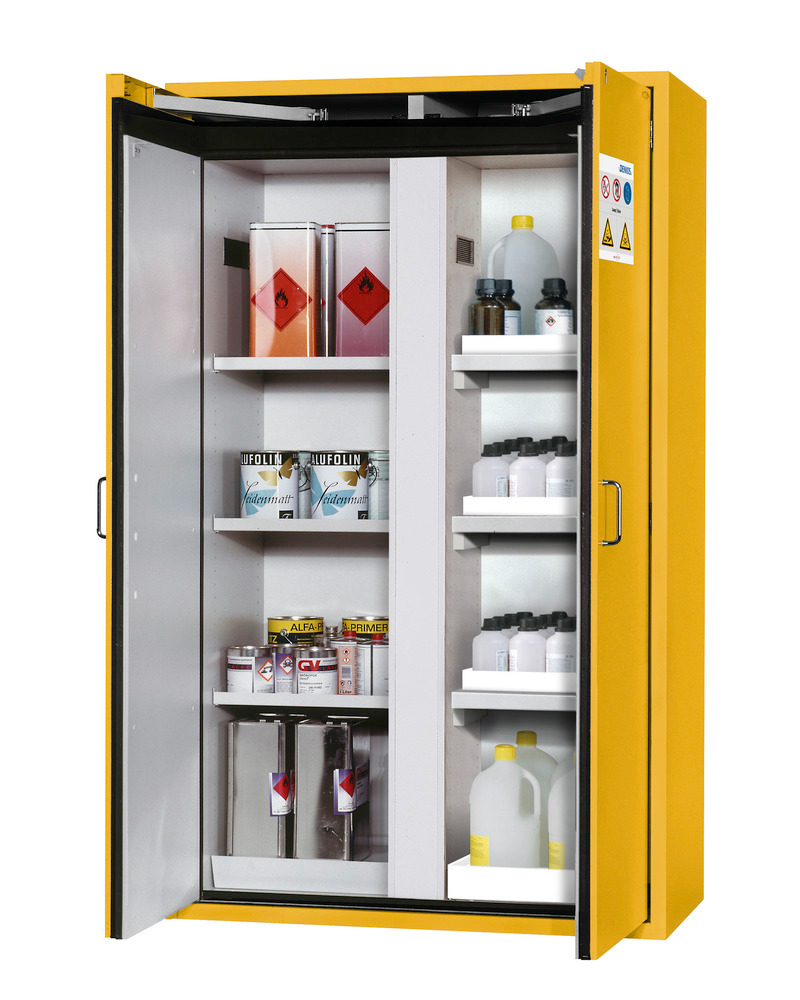 asecos fire-rated hazmat cabinet Edition with shelves and spill trays, floor spill pallet, yellow