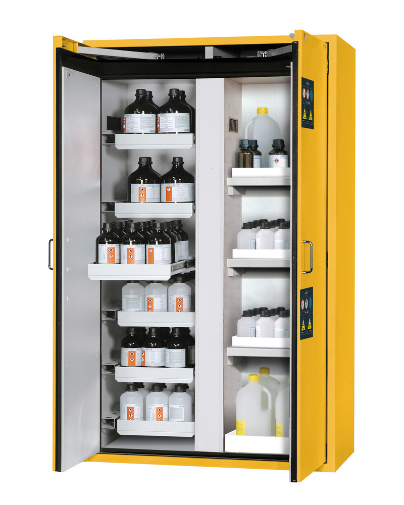asecos fire-rated hazmat cabinet Edition with slide out shelves and spill trays, yellow, W 1196 mm