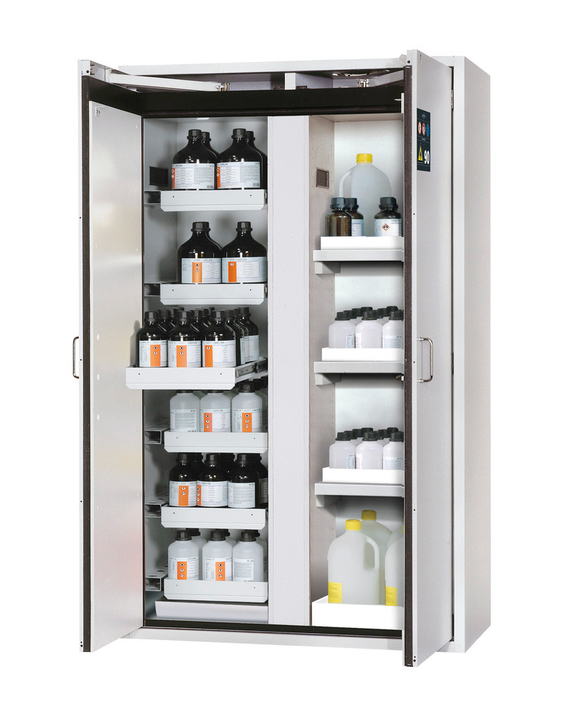 asecos fire-rated hazmat cabinet Edition with slide out shelves and spill trays, grey, W 1196 mm