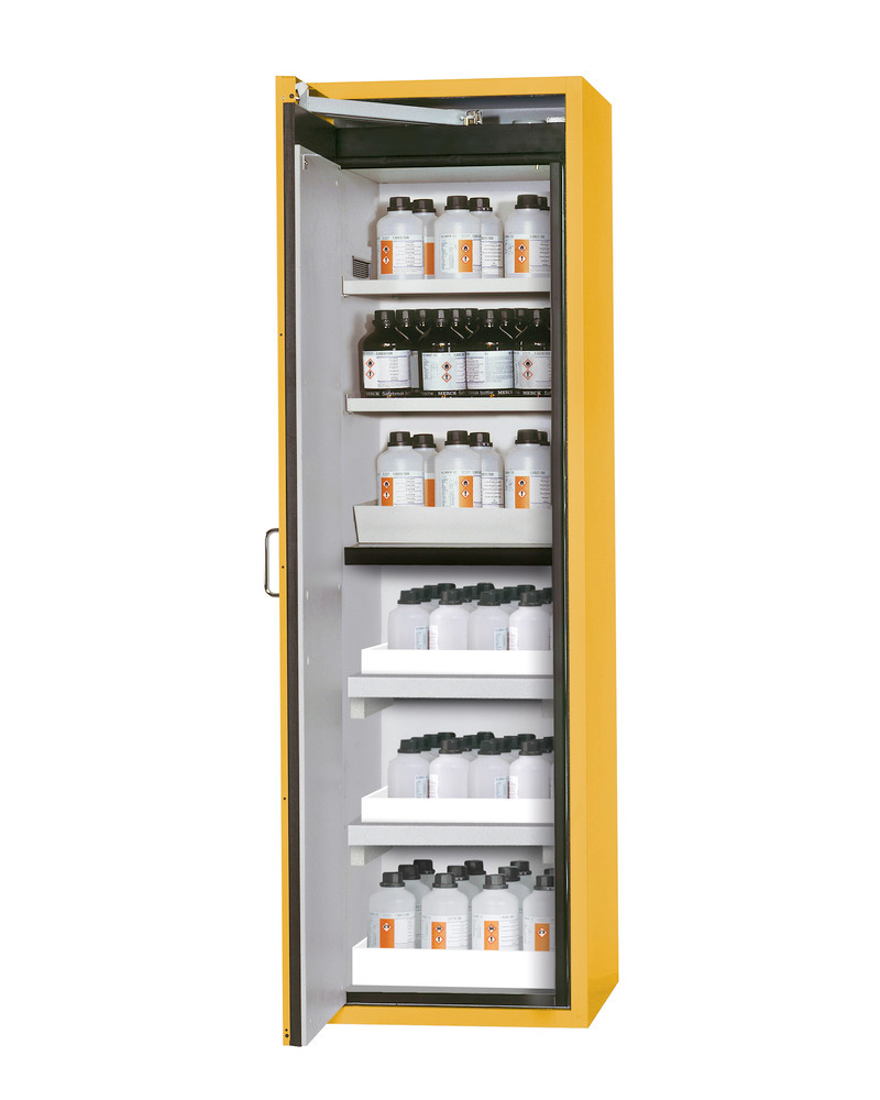asecos fire-rated hazmat cabinet, shelves and spill trays, floor spill pallets, yellow, W 596 mm