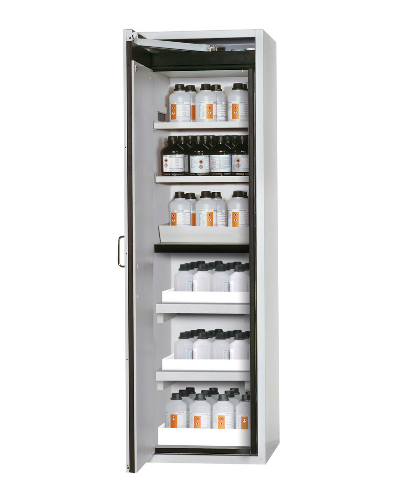asecos fire-rated hazmat cabinet Edition with shelves and spill trays, floor spill pallet, grey
