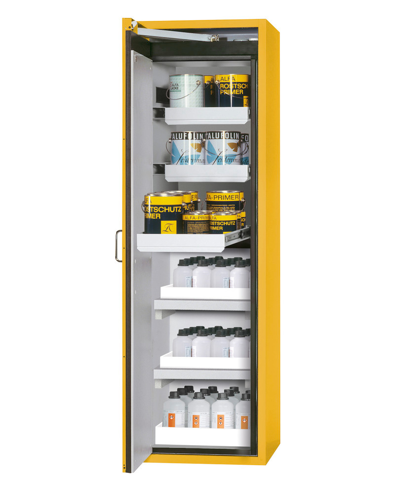 asecos fire-rated hazmat cabinet Edition with slide out shelves and spill trays, yellow, W 596 mm