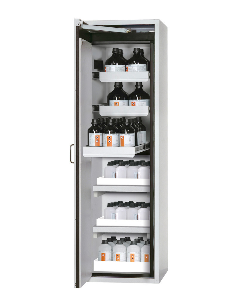 asecos fire-rated hazmat cabinet Edition w. slide out shelves, spill trays, floor spill pallet, grey