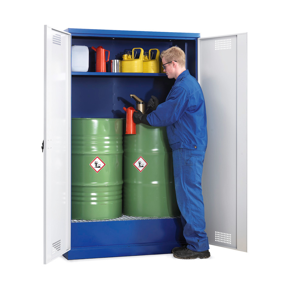 Up to 2 x 205 litre drums may be stored in the roomy chemicals cabinet Pumping may take place directly in the cabinet over the spill pallet Shelf optionally available