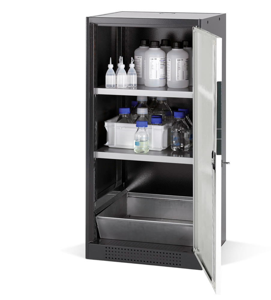 asecos chemicals cabinet Systema CS-52R, body anthracite, grey, 2 shelves and floor spill pallet