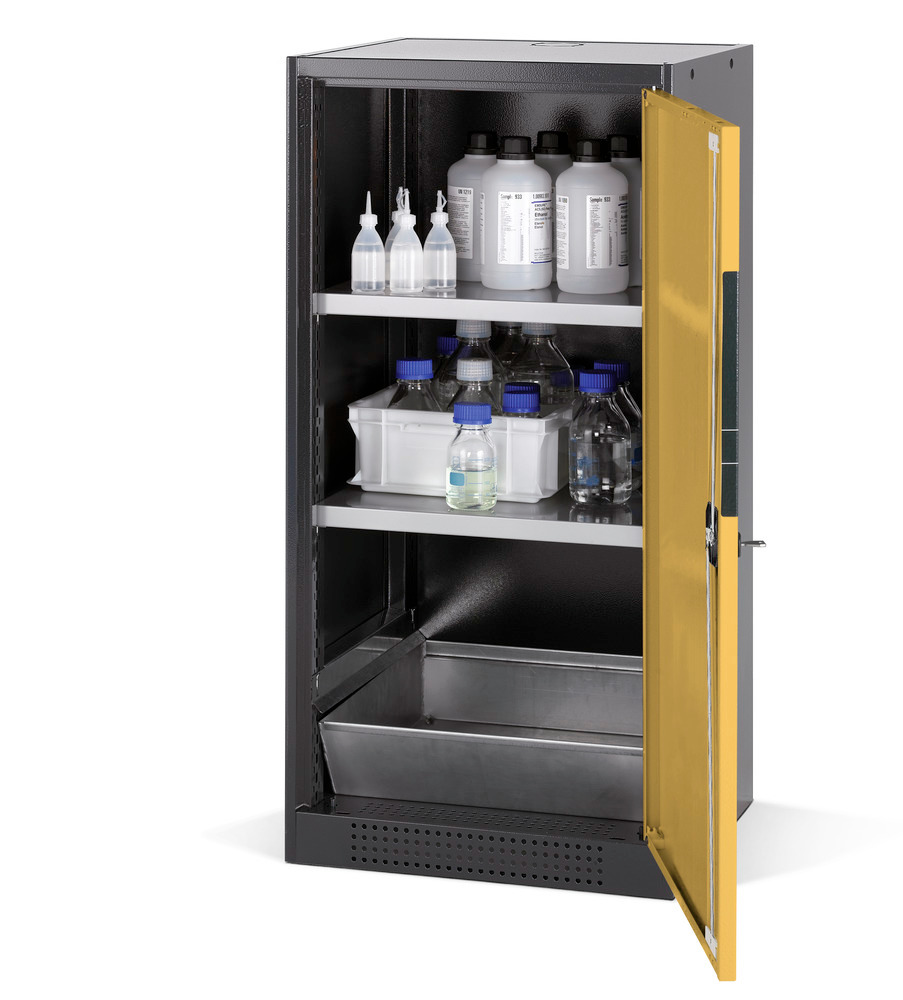 Armario para químicos Systema CS-52R, antracita, puertas batientes amarillo, 2 estantes y cubeto