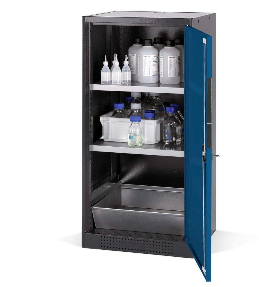 Armario para químicos Systema CS-52R, antracita, puertas batientes azul, 2 estantes y cubeto