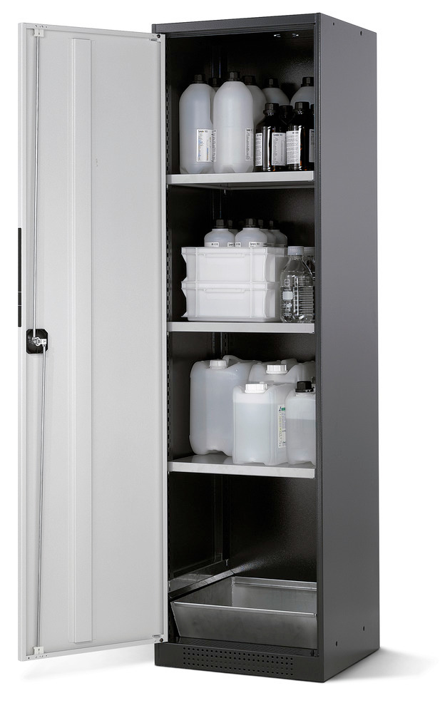 Armario para químicos Systema CS-53L, antracita, puertas batientes gris, 3 estantes y cubeto