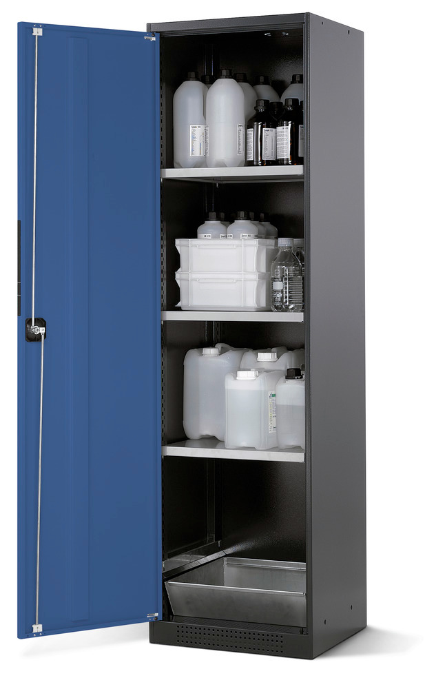Armário para químicos asecos, Systema CS-53L, corpo antracite, azul, 3 estantes e bacia