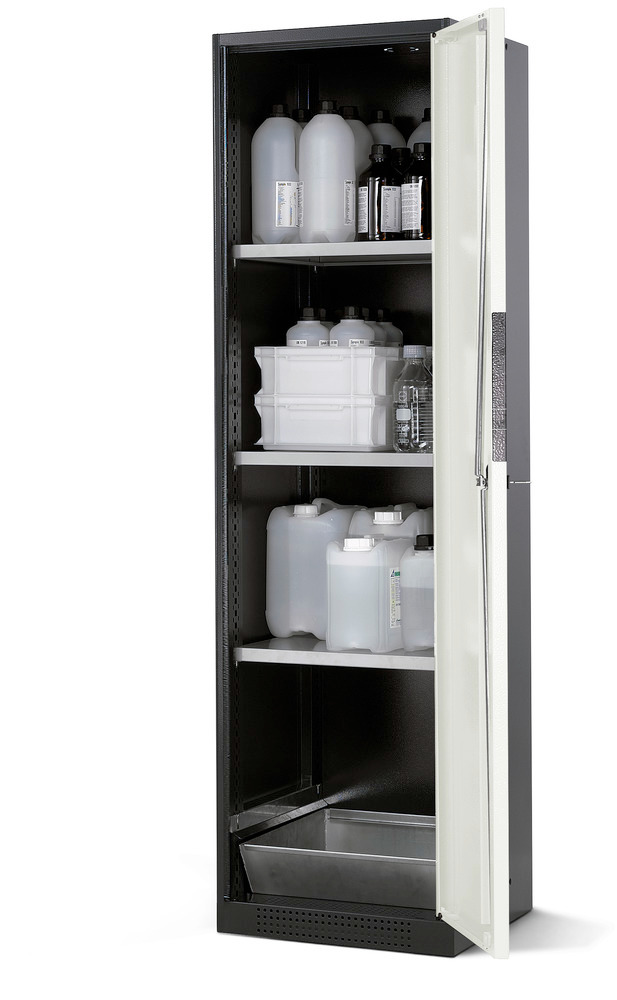 Armario para químicos Systema CS-53R, antracita, puertas batientes gris, 3 estantes y cubeto