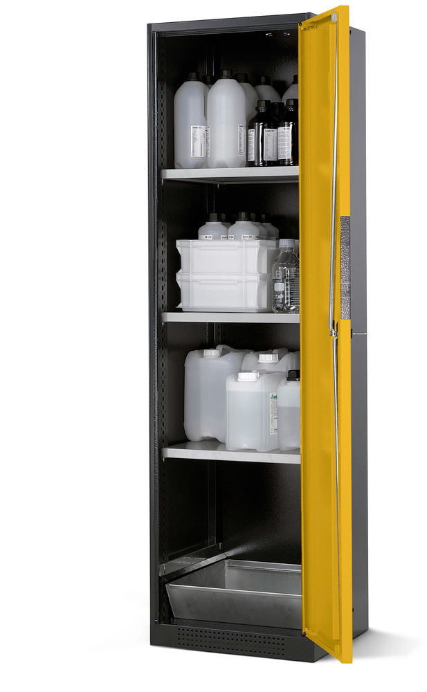 Armario para químicos Systema CS-53R, antracita, puertas batientes amarillo, 3 estantes y cubeto