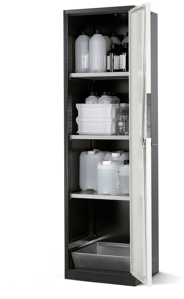 Armario para químicos Systema CS-53R, antracita, puertas batientes blanco, 3 estantes y cubeto