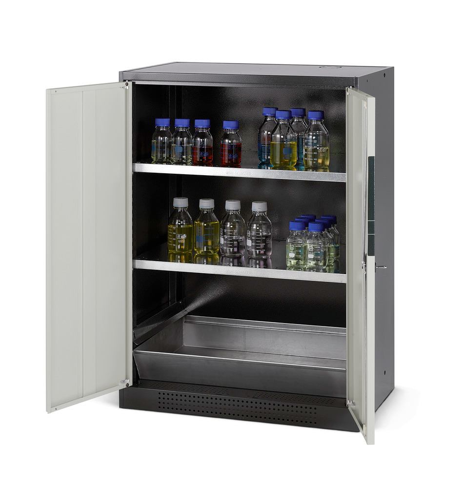 asecos chemicals cabinet Systema CS-82, body anthracite, grey, 2 shelves and floor spill pallet