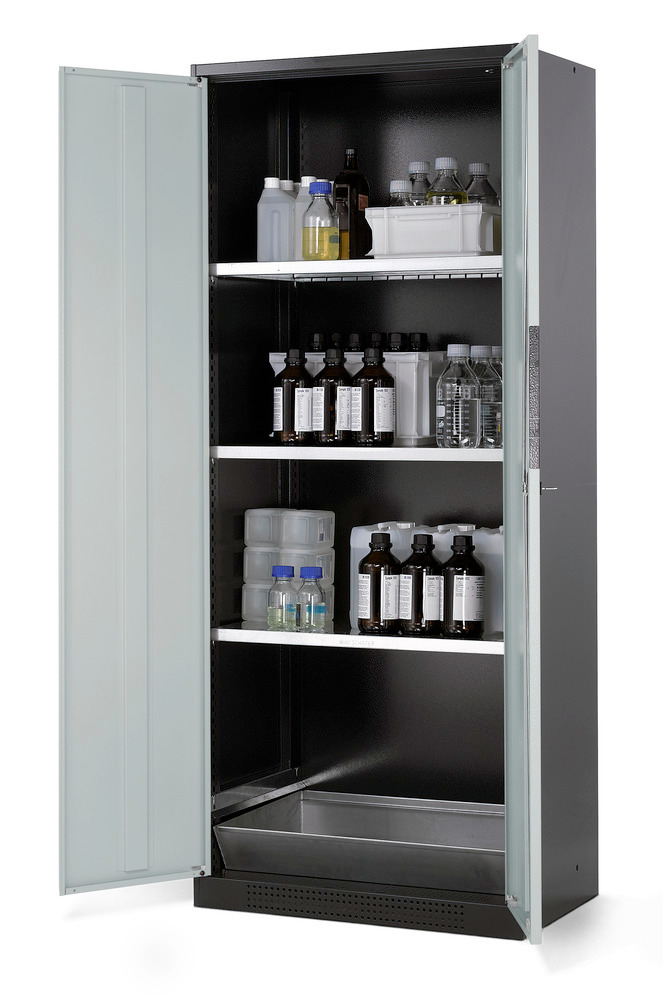 asecos chemicals cabinet Systema CS-83, body anthracite, grey, 3 shelves and floor spill pallet