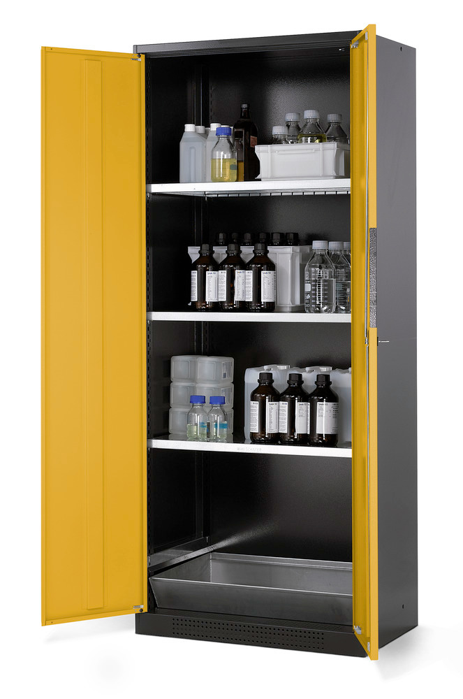 Kjemikalieskap Systema CS-83, antrasittgrått kabinett, gule fløydører, 3 hyller og bunnkar