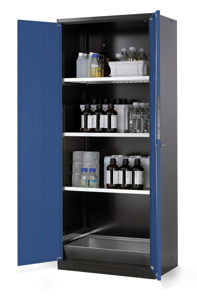 Kjemikalieskap Systema CS-83, kabinett antracitgrå, blå fløydører, 3 hyller og bunnkar