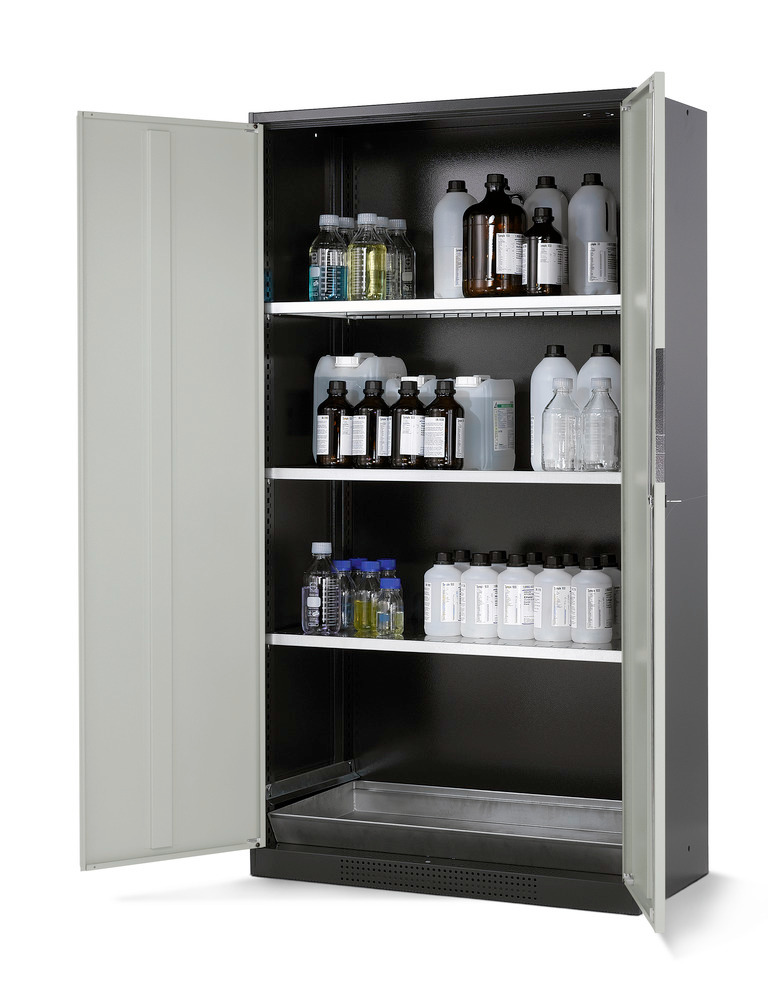 Armario para químicos, cuerpo antracita, puertas batientes gris, 3 estantes y cubeto: Systema CS-103