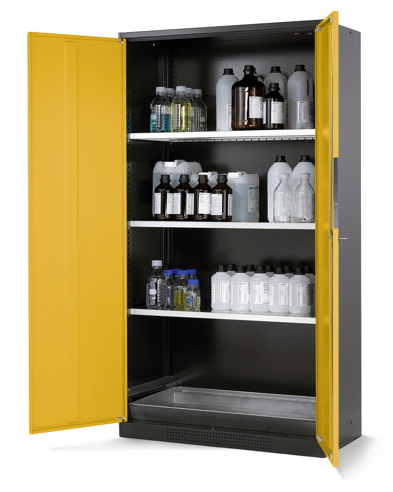 Kjemikalieskap Systema CS-103, antrasittgrått kabinett, gule fløydører, 3 hyller og bunnkar