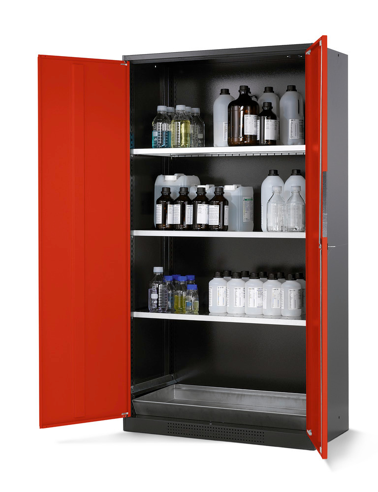 Kjemikalieskap Systema CS-103, antrasittgrått kabinett, røde fløydører, 3 hyller og bunnkar