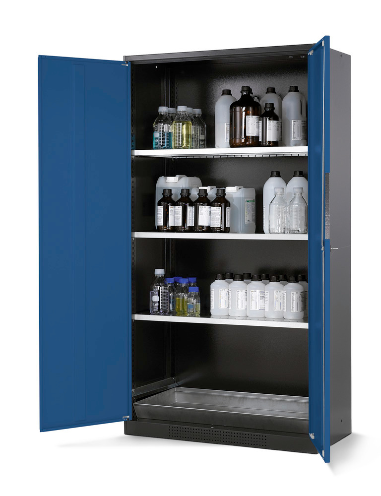 Armario para químicos Systema CS-103, cuerpo antracita, puertas batientes azul, 3 estantes y cubeto