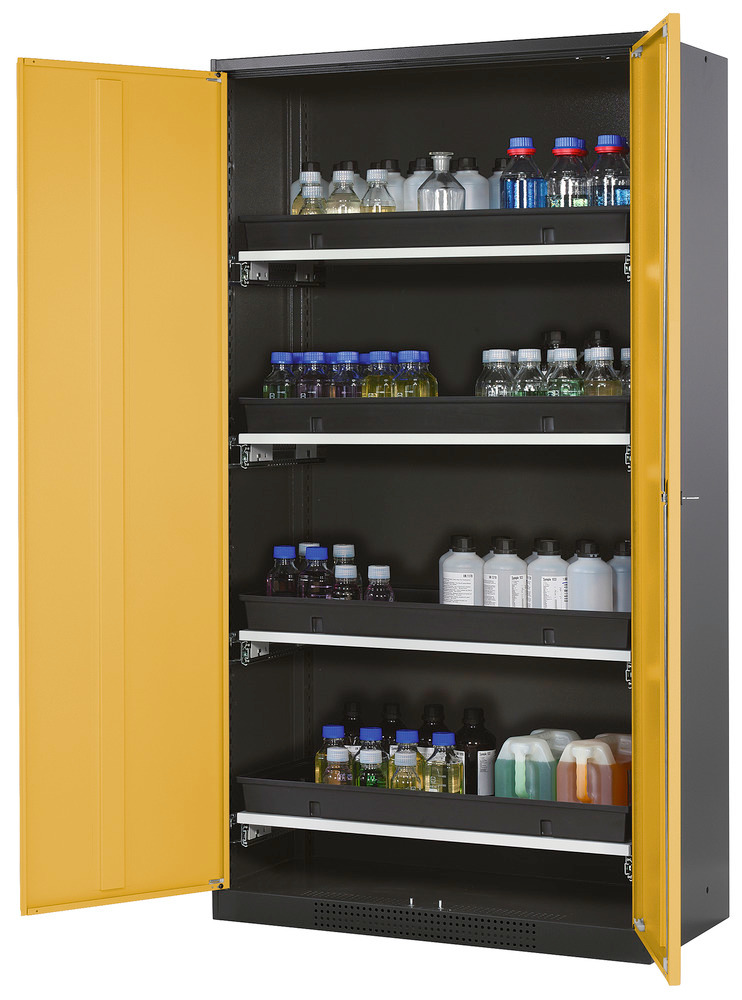 asecos chemicals cabinet Systema-T CS-104, body anthracite, yellow, inc. 4 pull-out shelves