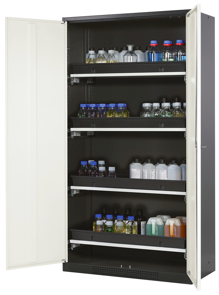 Kemikalieskåp asecos Systema-T CS-104, antracitgrå stomme, vita dörrar, 4 utdragshyllor