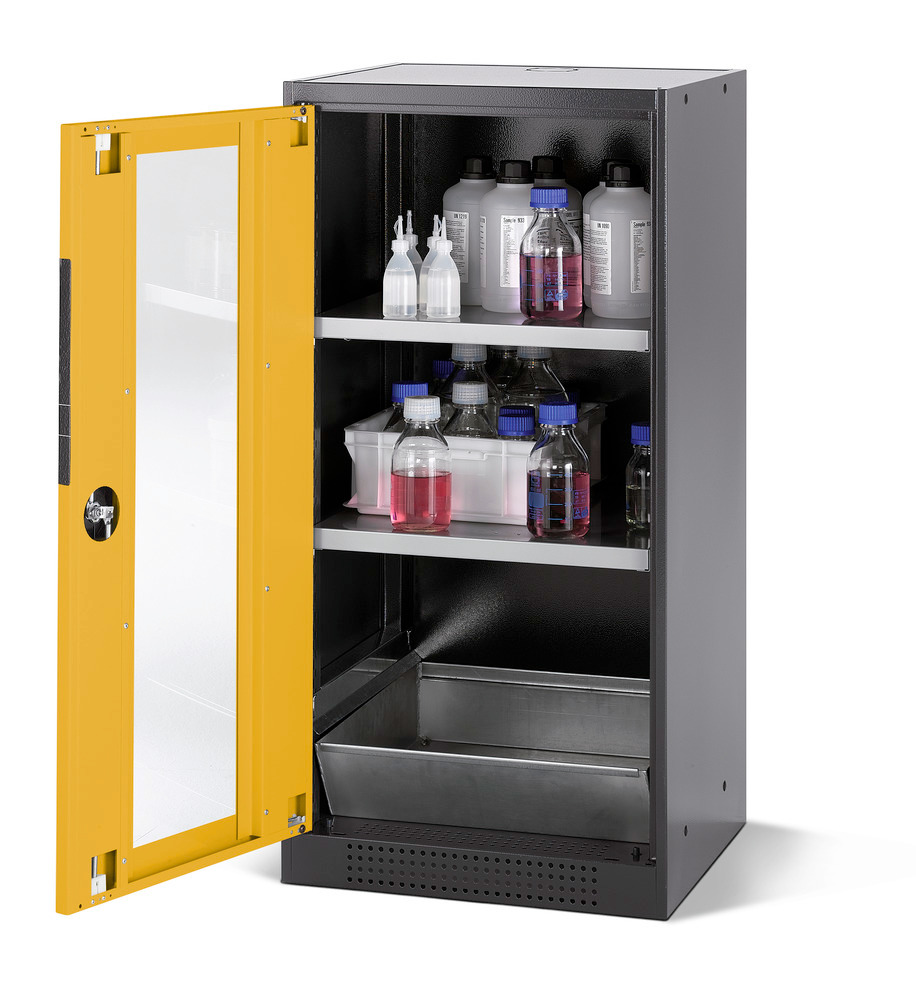 asecos chemicals cabinet Systema CS-52LG, body anthracite, yellow, 2 shelves and floor spill pallet