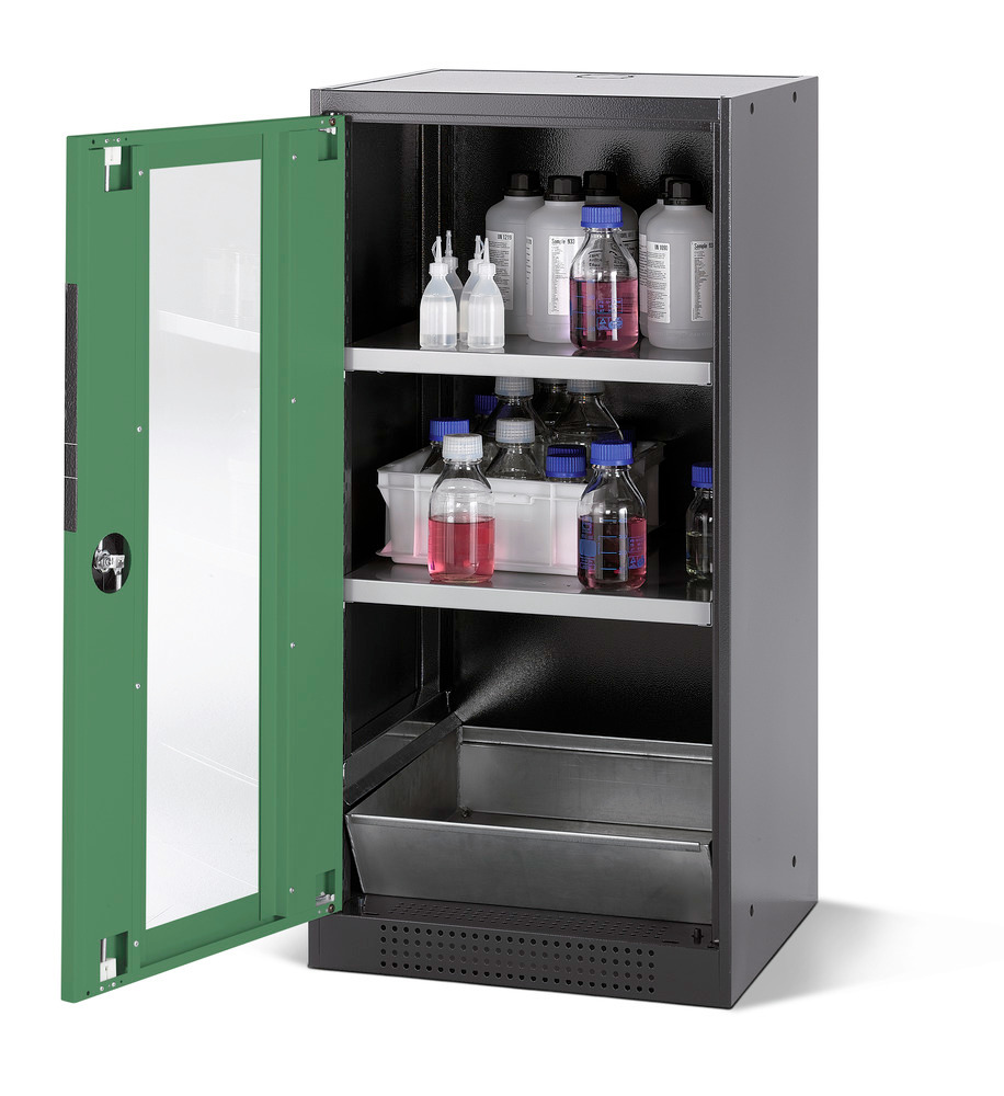 asecos chemicals cabinet Systema CS-52LG, body anthracite, green, 2 shelves and floor spill pallet