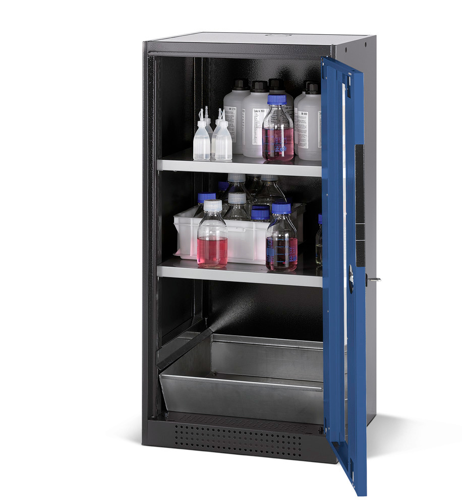 Armario para químicos Systema CS-52RG, antracita, puertas batientes azul, 2 estantes y cubeto