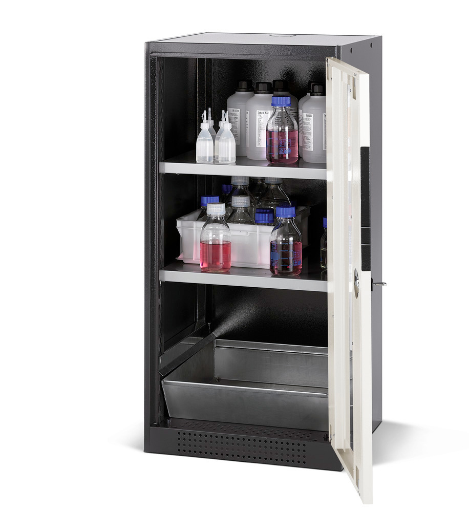asecos chemicals cabinet Systema CS-52RG, body anthracite, white, 2 shelves and floor spill pallet