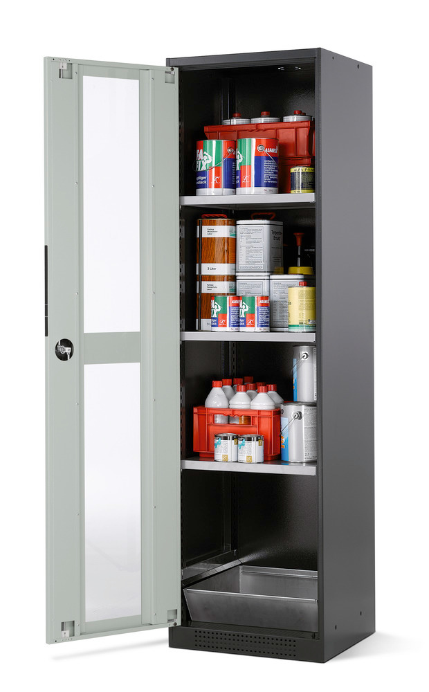 asecos chemicals cabinet Systema CS-53LG, body anthracite, grey, 3 shelves and floor spill pallet