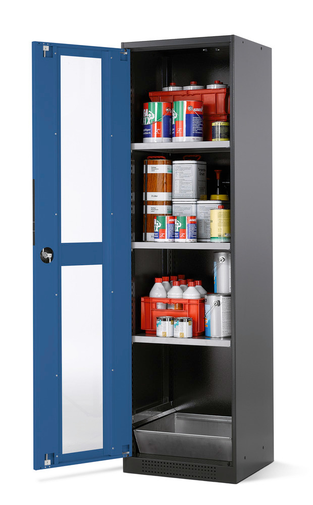 Kemikalieskab Systema CS-53LG, kabinet antracitgrå, blå fløjdøre, 3 hylder og bundkar