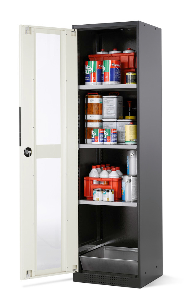 asecos chemicals cabinet Systema CS-53LG, body anthracite, white, 3 shelves and floor spill pallet