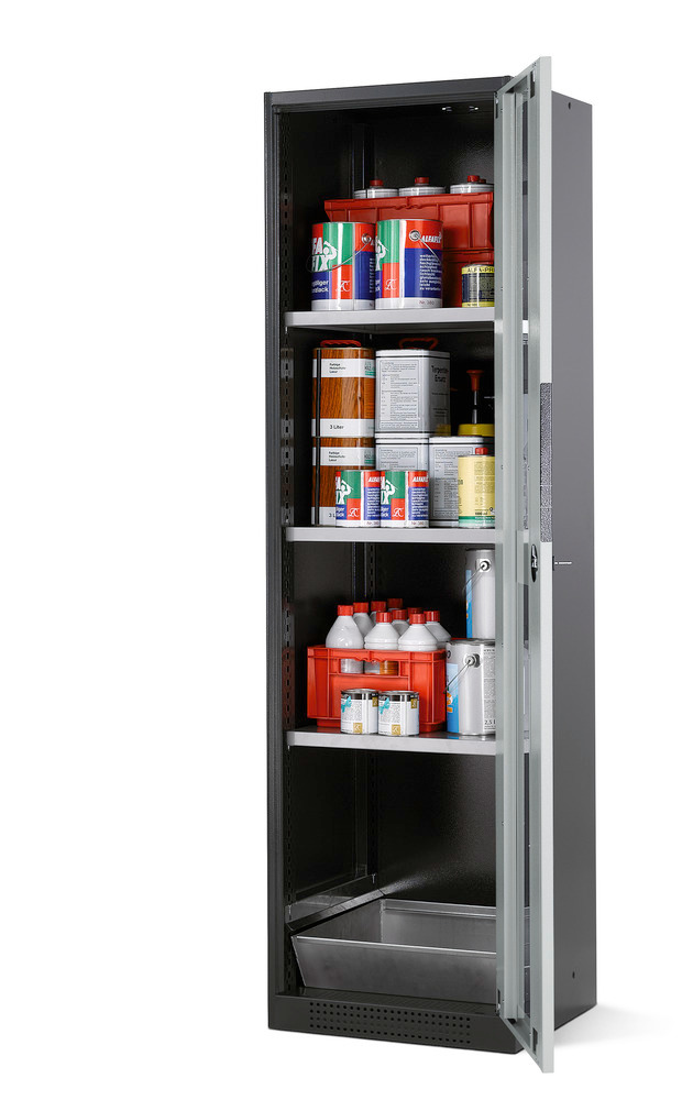 asecos chemicals cabinet Systema CS-53RG, body anthracite, grey, 3 shelves and floor spill pallet
