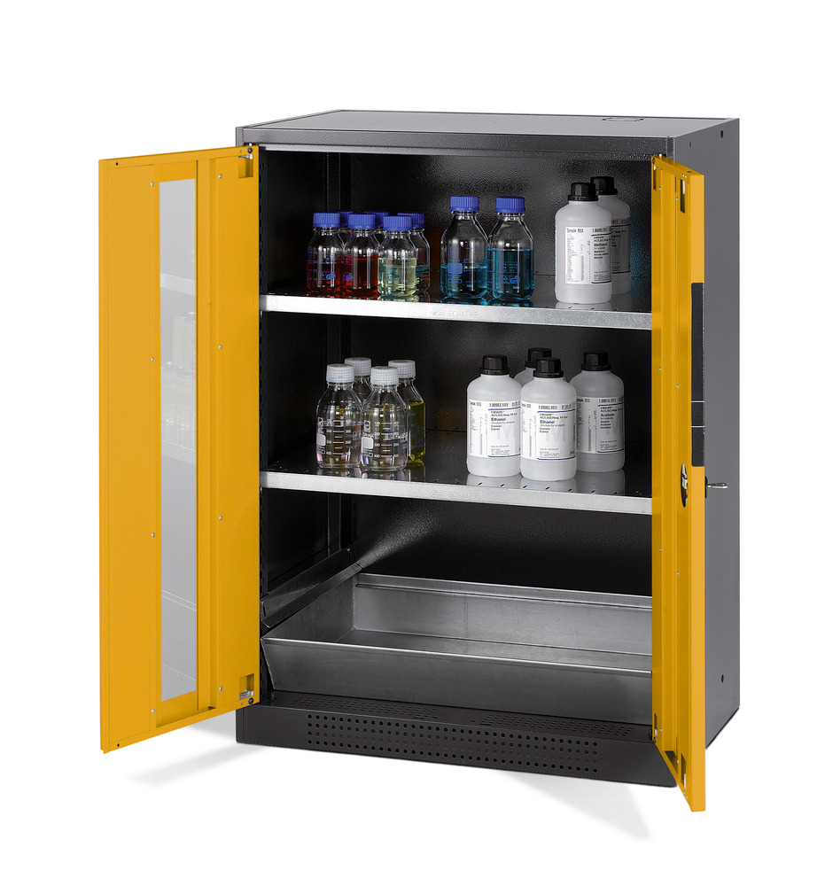Armario para químicos Systema CS-82G, antracita, puertas batientes amarillo, 2 estantes y cubeto